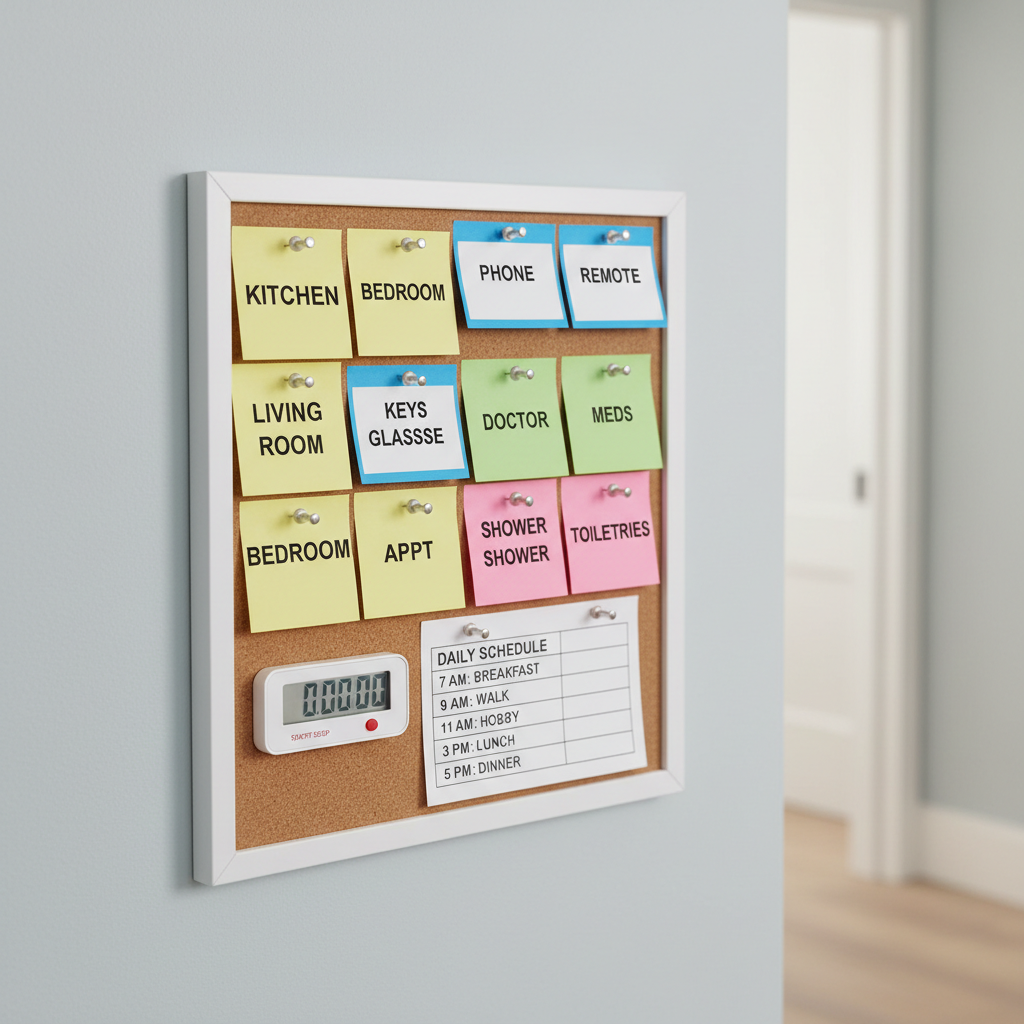 A small cork bulletin board mounted on a pale blue wall, meticulously arranged with color-coded sticky notes and index cards bearing single, clearly printed words like “kitchen,” “bathroom,” and “phone,” each secured with simple metal pins. A slim digital timer and a neatly printed daily schedule are pinned alongside, creating an organized care-planning hub. Diffused daylight from the side casts soft, even illumination, minimizing harsh shadows and emphasizing clarity and order. Shot in photographic realism at a slight angle, with the edges of a tidy hallway just visible in soft focus, the mood is calm, supportive, and gently structured, echoing the practical tools caregivers use to navigate dementia-related language changes.