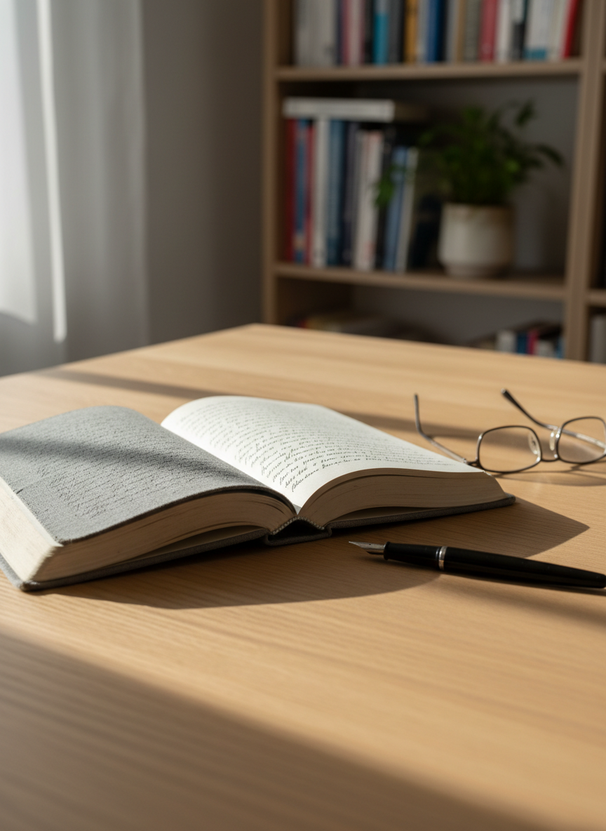 A well-worn hardcover journal with a soft grey fabric cover lies open on a light wooden table, its pages filled with gentle, looping handwriting that fades toward the edges, as if words are slowly slipping away. Beside it rests a simple black fountain pen and a neatly folded pair of reading glasses. Soft morning light from an unseen window washes across the scene, creating calm, elongated shadows and highlighting the paper’s slight texture. In the blurred background, a tidy bookshelf and a small potted plant suggest a quiet home study. Photographic realism, eye-level composition with shallow depth of field, conveying a thoughtful, reflective mood suitable for a professional caregiving blog.